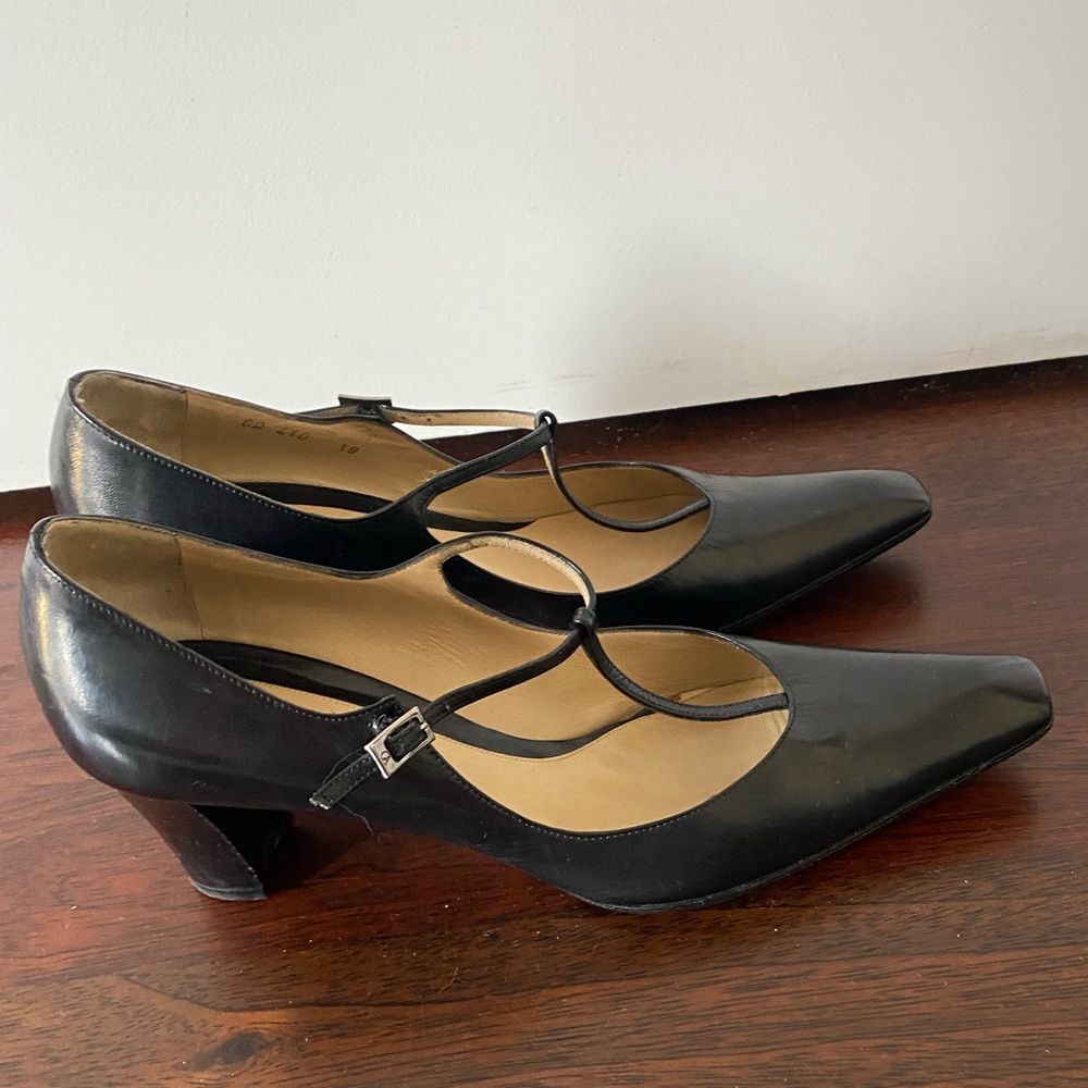 Giorgio Armani Black Leather T-Strap Heels